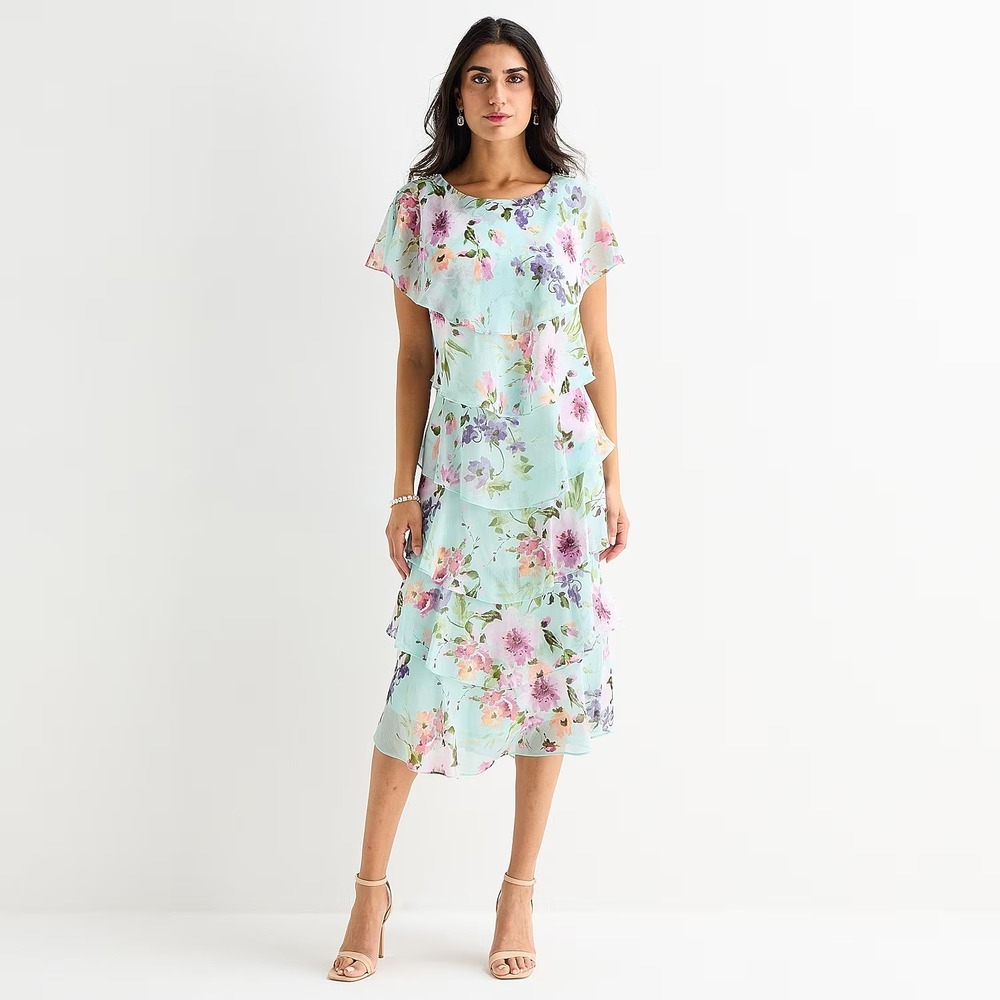 MSRP $120 S. L. Fashions Womens 16 Blue/Multi Midi Floral Shift Dress Round Neck